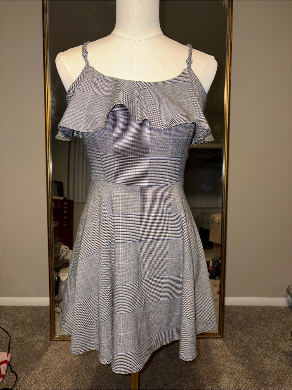 Ruffled Plaid Fit-and-Flare Dress in Light Gray
